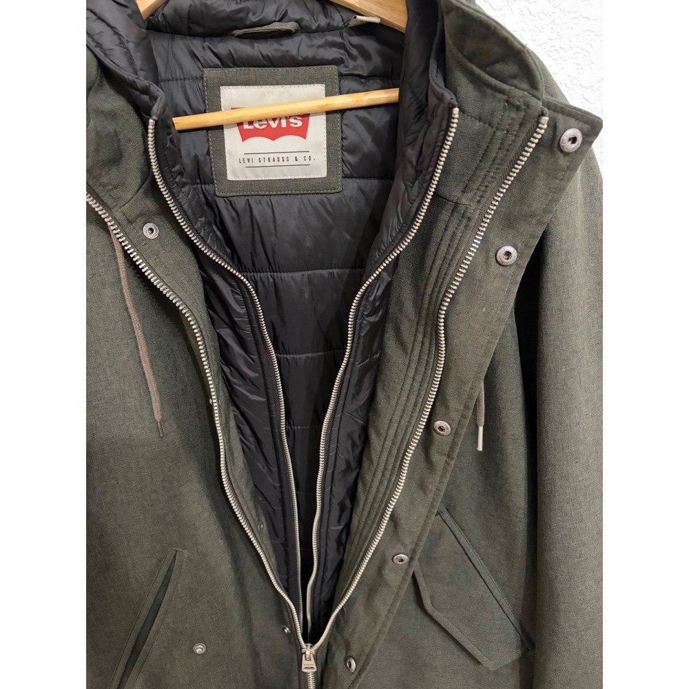 Levis Mens Hooded Parka Jacket Olive Green Quilted Lined Fishtail Coat Medium - Picture 7 of 9